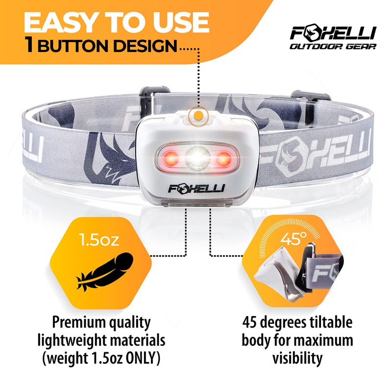 Foxelli LED Headlamp Flashlight for Adults & Kids, Running, Camping, Hiking Head Lamp with White & Red Light, Comfortable Headband, Lightweight & Waterproof, 3 AAA Batteries - Image 2